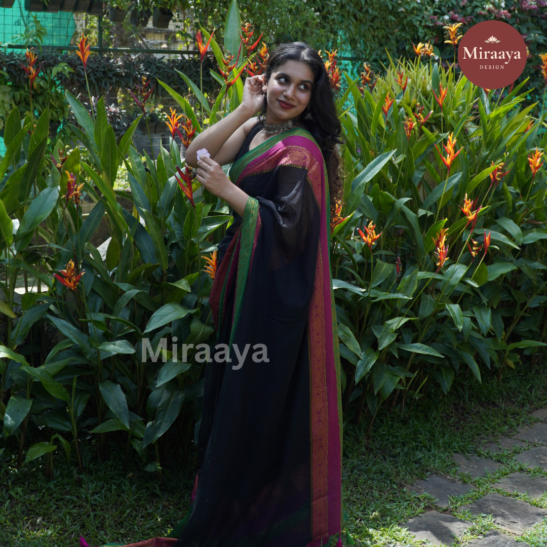 MAHIKA - Kanchi Silk Border Black Mul Cotton Saree