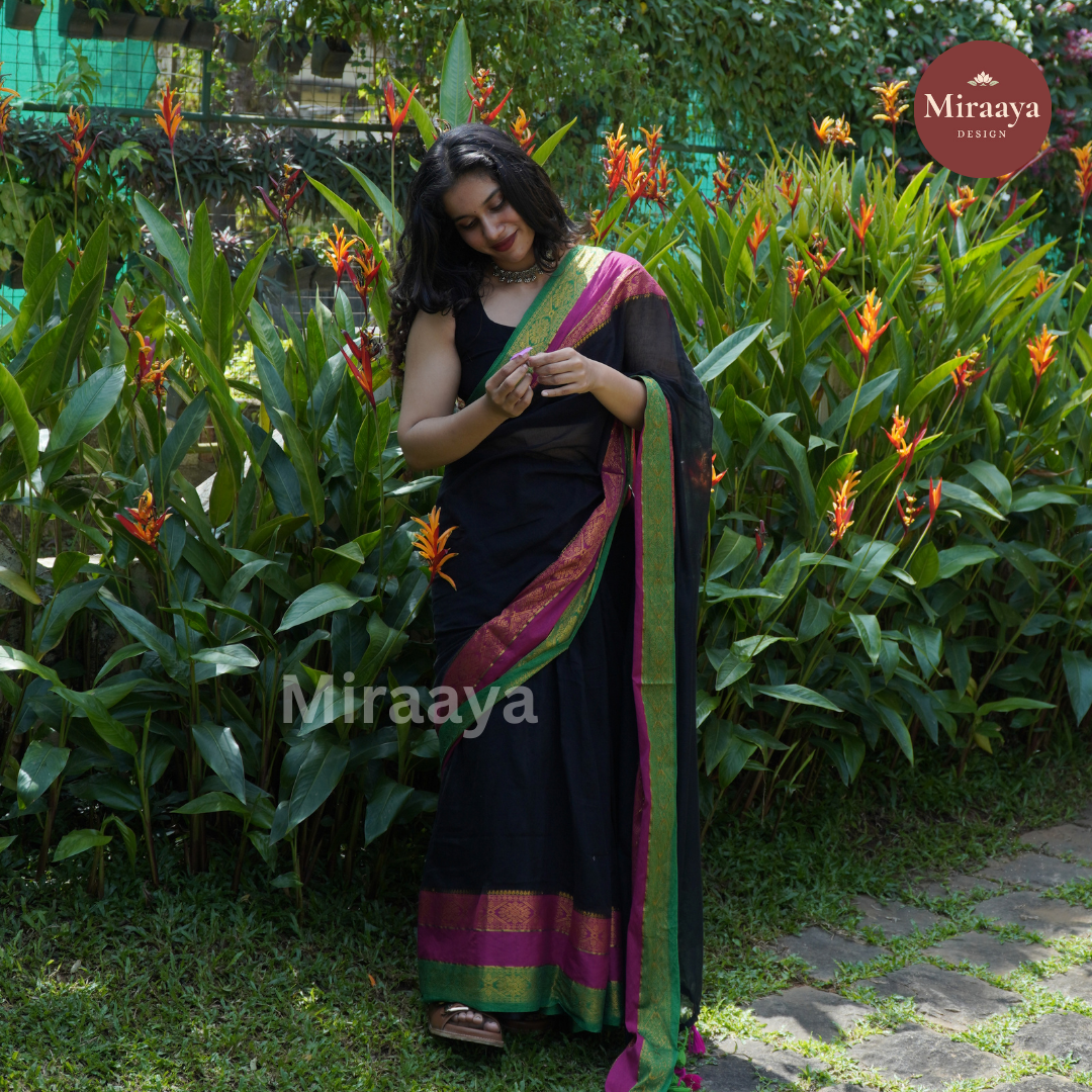 MAHIKA - Kanchi Silk Border Black Mul Cotton Saree